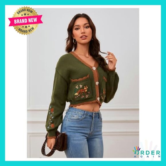 Floral Cropped Cardigan Boho Cottagecore Embroidered Open Front Western Sweater - Picture 5 of 8